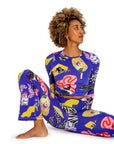 Woman wearing a colorful patterned outfit on a white background