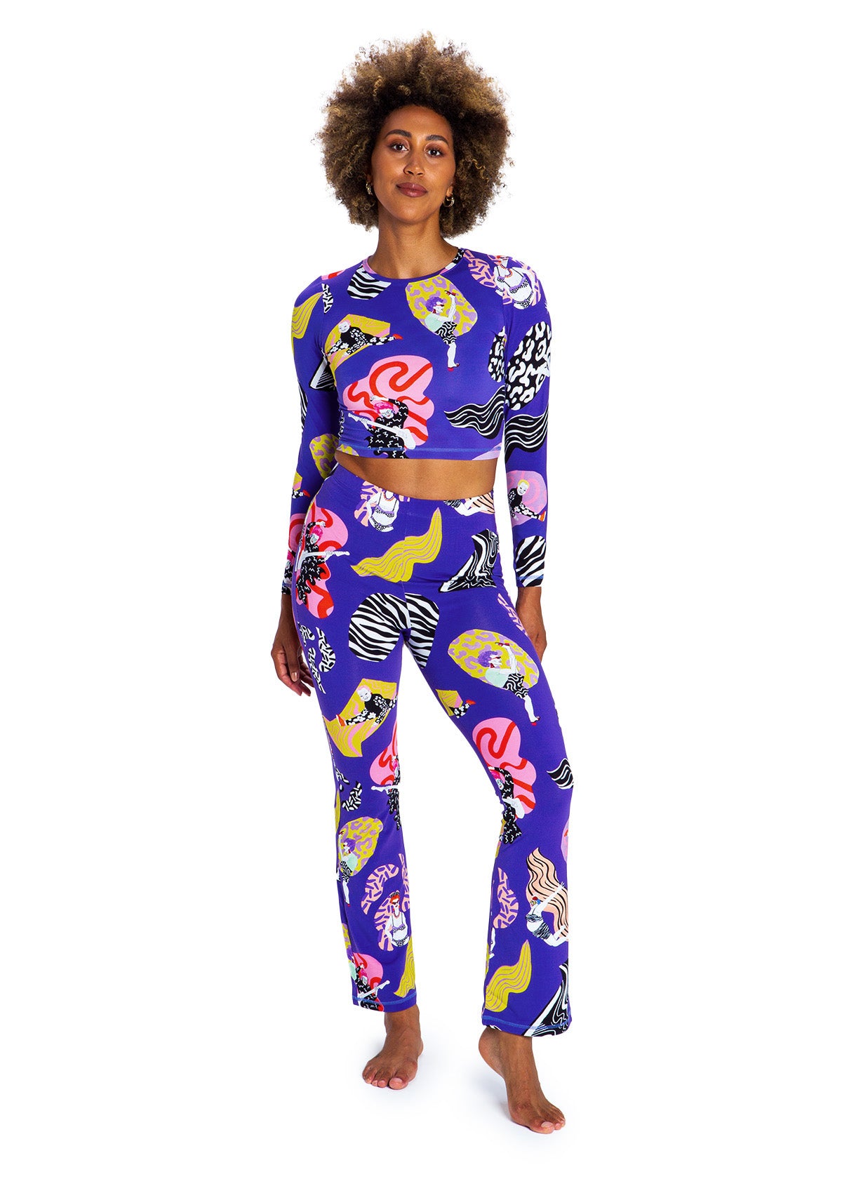 Woman wearing a colorful patterned outfit on a white background