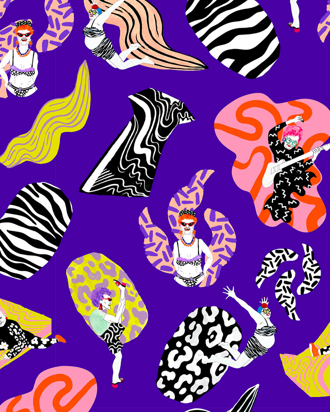 Colorful pattern with abstract shapes and people on a purple background