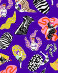 Colorful pattern with abstract shapes and people on a purple background