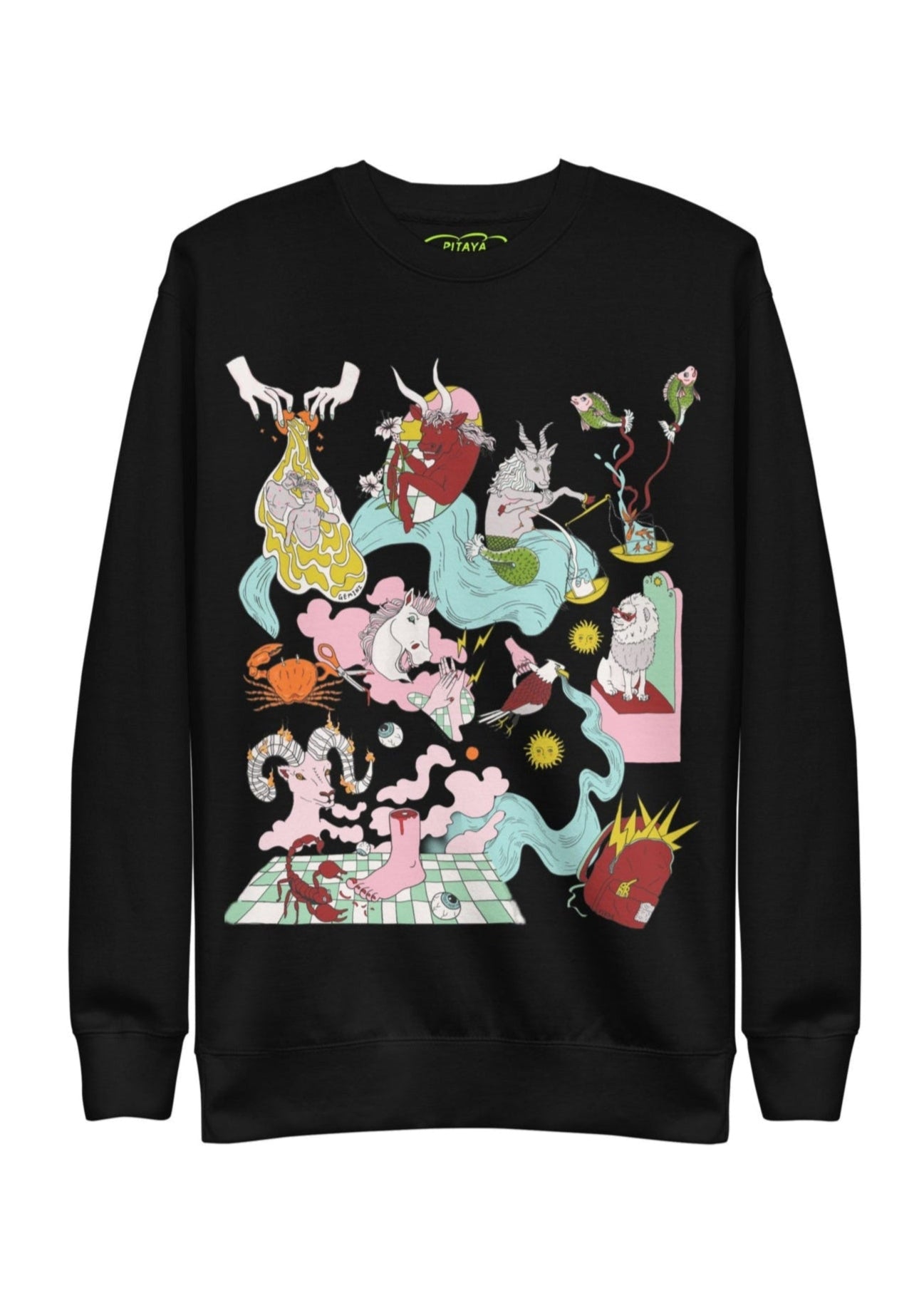 Black sweatshirt with colorful graphic design on a white background