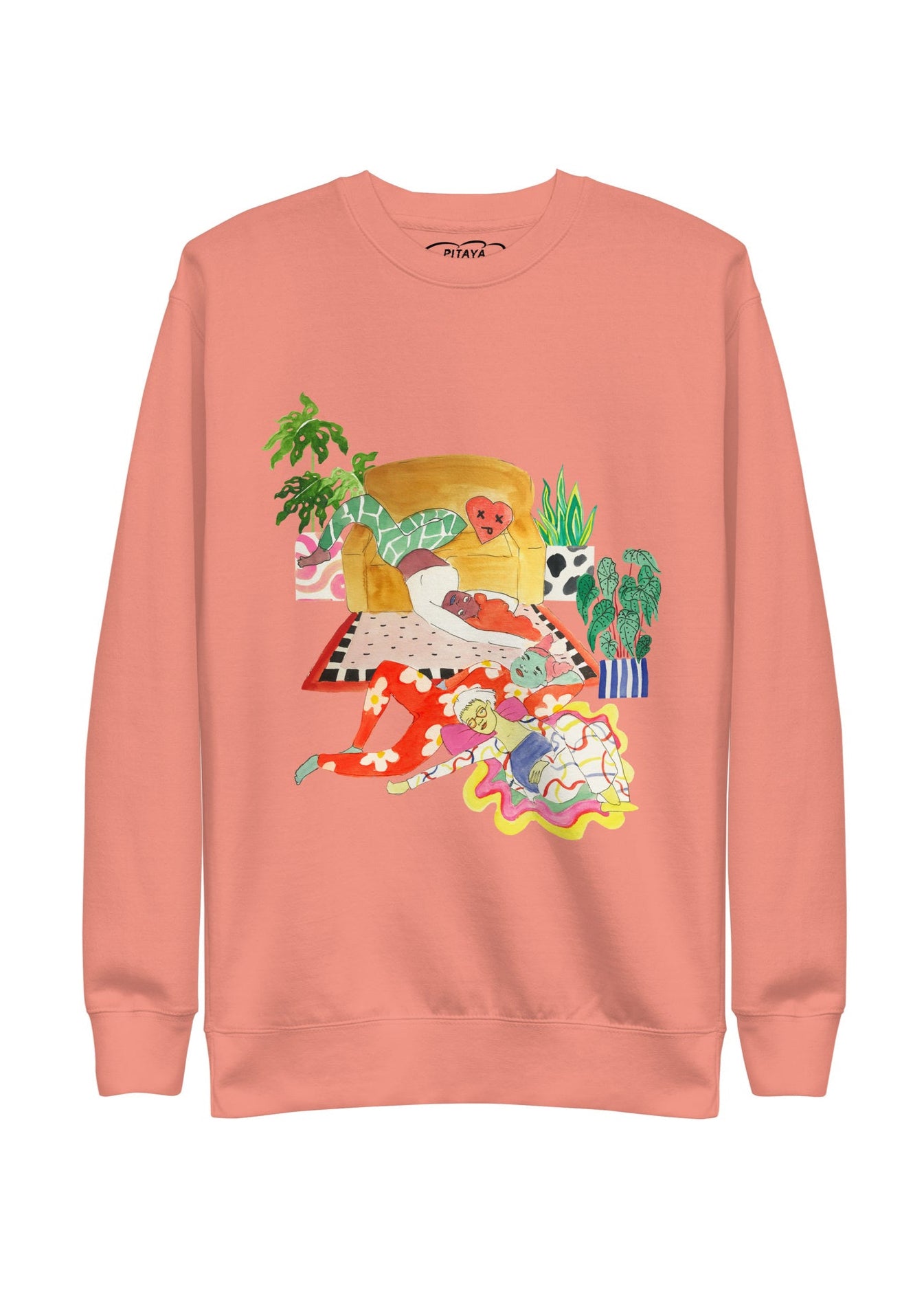 Coral sweatshirt with colorful graphic design on a white background